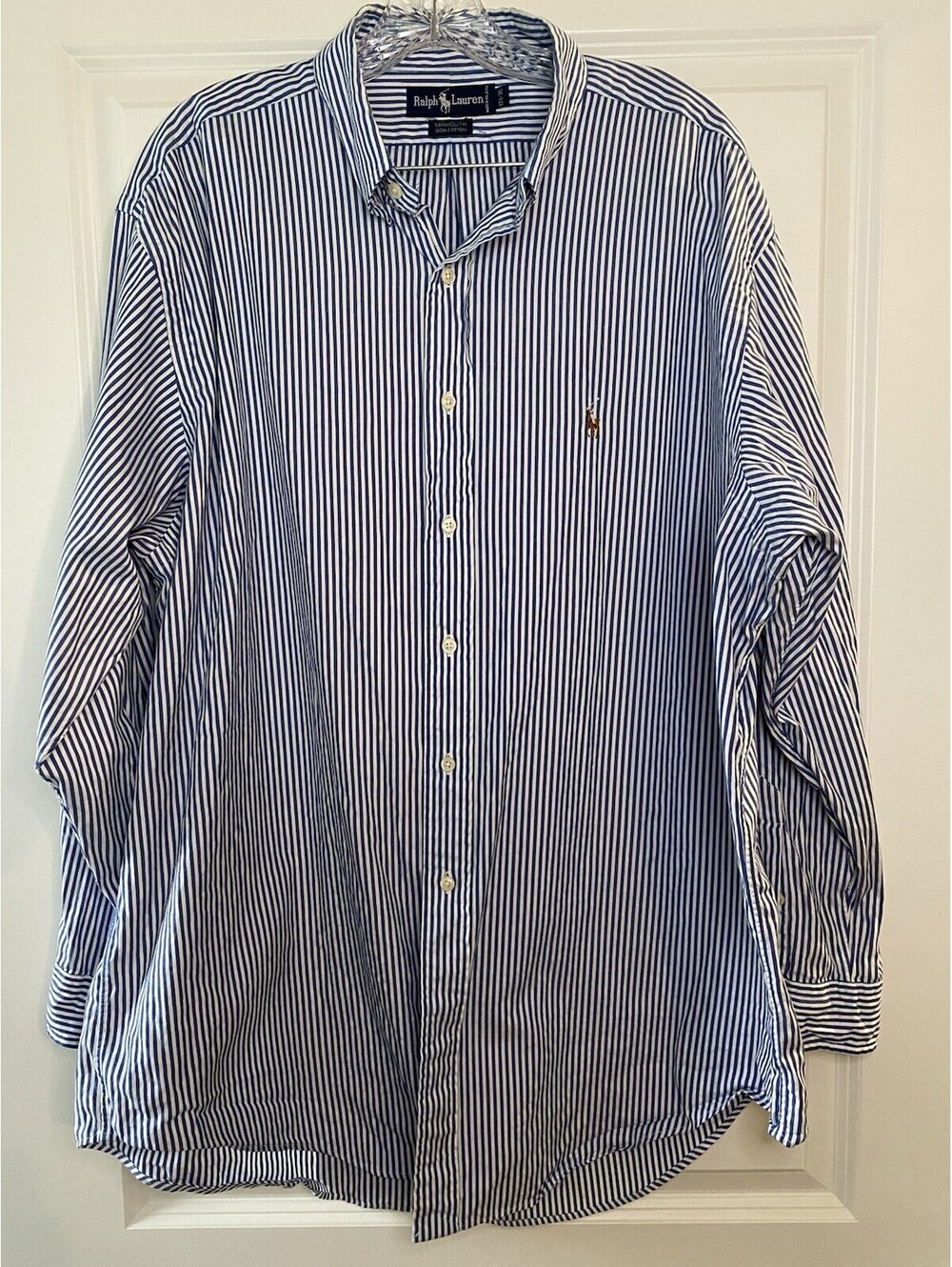 Ralph Lauren Men's Yarmouth 100% Cotton Oxford 17.5-35 Blue Striped Long Sleeve